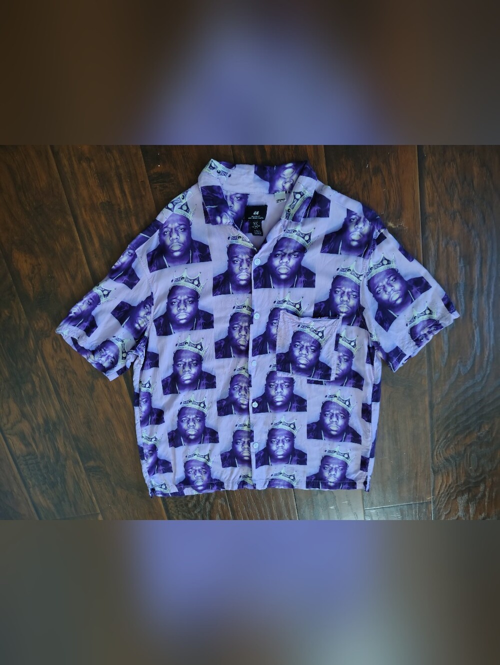 H&M x The Notorious Biggie purple portrait in crown button down shirt Size M
